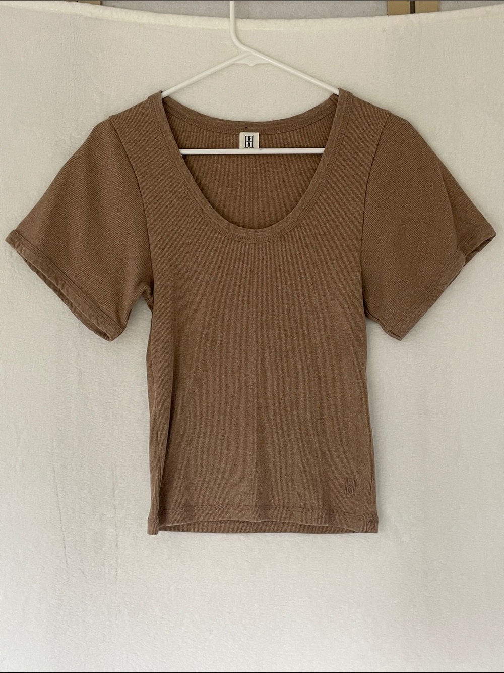 Wide Sleeve Brown Ribbed Scoop Neck Tee By Malene Birger Womens XS Cotton